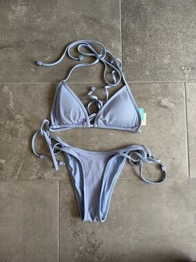 Shore Light Blue Ribbed String Bikini Set